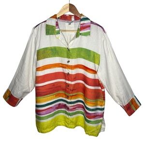 John Mark Colorful Stripe 100% Linen Button Down Shirt Boho Artsy Lagenlook